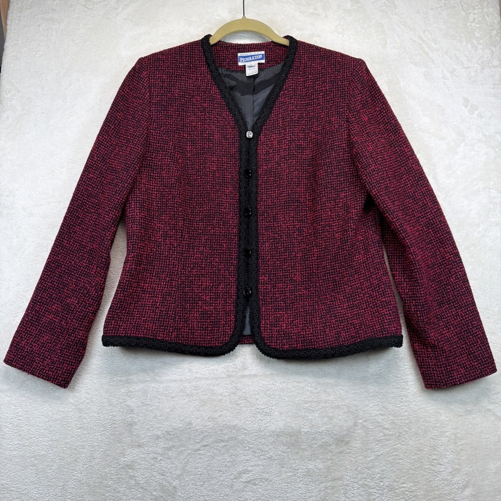 Pendleton Women's Wool Tweed Jacket Red Black Collarless Vintage USA Size 10